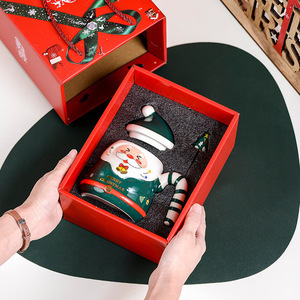 Christmas Santa Ceramic Mug With Lid Red Green Thematic Design <b>Gift</b> Set - Product Image 4