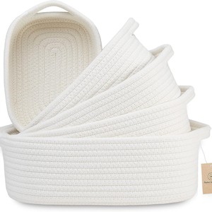White Cotton <b>Rope</b> Woven <b>Storage</b> <b>Baskets</b> Set Of 5 Rectangle Handmade Toy Organizer For Children And Snacks - Product Image 1