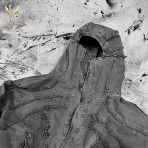 Reverse Distress Stitching Sudaderas con capucha negras en blanco Streetwear Vintage para hombre Boxy Fit Raw Hem Stone Lavado ácido Chaqueta para hombre - Product Image 4