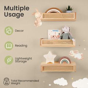 Étagère <span class=keywords><strong>murale</strong></span> en rotin, lot de 3, 16 pouces, étagères flottantes avec finition huilée pour la chambre d'enfant, bibliothèque bohème pour la décoration de la chambre de bébé - Product Image 5