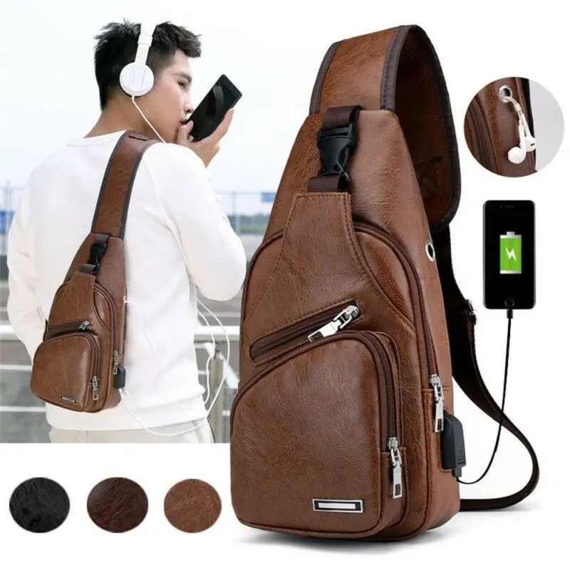 Moda usb de carregamento e fone de ouvido gancho bloco de fanny couro pu sling bag peito homens peito saco crossbody