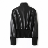 Jaket Pendek Kasual Wanita Kulit Domba Asli Hitam Tahan Angin Berwarna Polos dengan Ritsleting Kerah Berdiri dan Trim Rajut Rib.