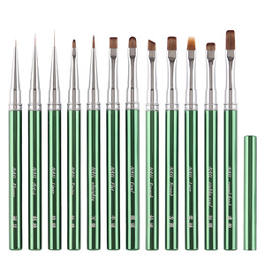 Ensemble de pinceaux à ongles avec manche en métal vert, courts et longs, pour base, gel, liner, détails et dessin, pour manucure - Product Image 1
