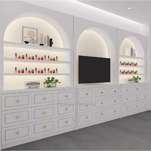 Espositore per Smalti in Legno Bianco Lucido su Misura, Moderno con LED Integrati e Cassetto Portaoggetti per Saloni di Bellezza - Product Image 4