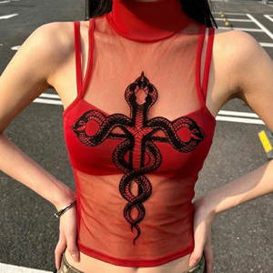 Conjunto de Dos Piezas para Mujer, Top Sexy sin Mangas con Cuello Alto y Estampado de Serpiente en Malla, Estilo Dark Girl - Product Image 6