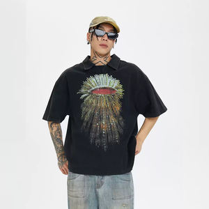 T-shirts en tricot surdimensionnés pour hommes vintage délavés à l'acide 100% coton respirant imprimés à l'écran à manches courtes - Product Image 1