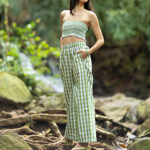 Conjunto de Pantalones Holgados y Top Bandeau con Estampado a Cuadros Hawaianos Personalizado OEM, Conjunto de Pantalones de Lino 100% de Alta Calidad - Product Image 2
