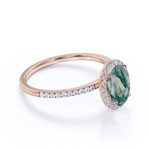 Anillo de compromiso de oro rosa de 18 quilates Ovate Natural blanco lechoso dendrítico musgo verde ágata Moissanite Pave Halo hermoso anillo de bodas - Product Image 2