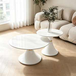 Ensemble de tables basses gigognes rondes modernes à base noire, plateau en marbre, style luxe léger, pour salon et hôtel - Product Image 4