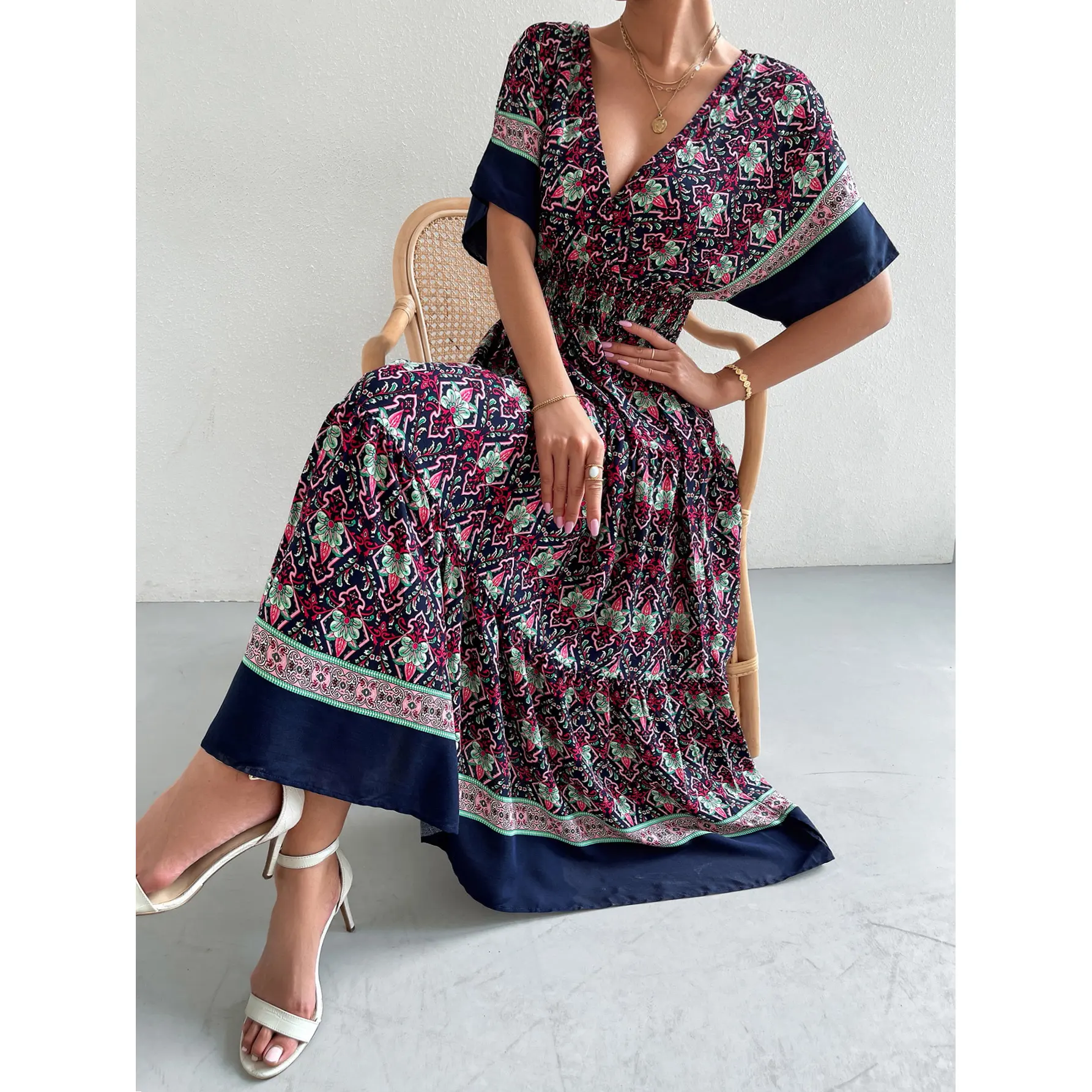 2022 New Style Summer Women's V-neck Cotton Floral Dress floor length casual Print Batwing Sleeve Dress Bohemian long dress