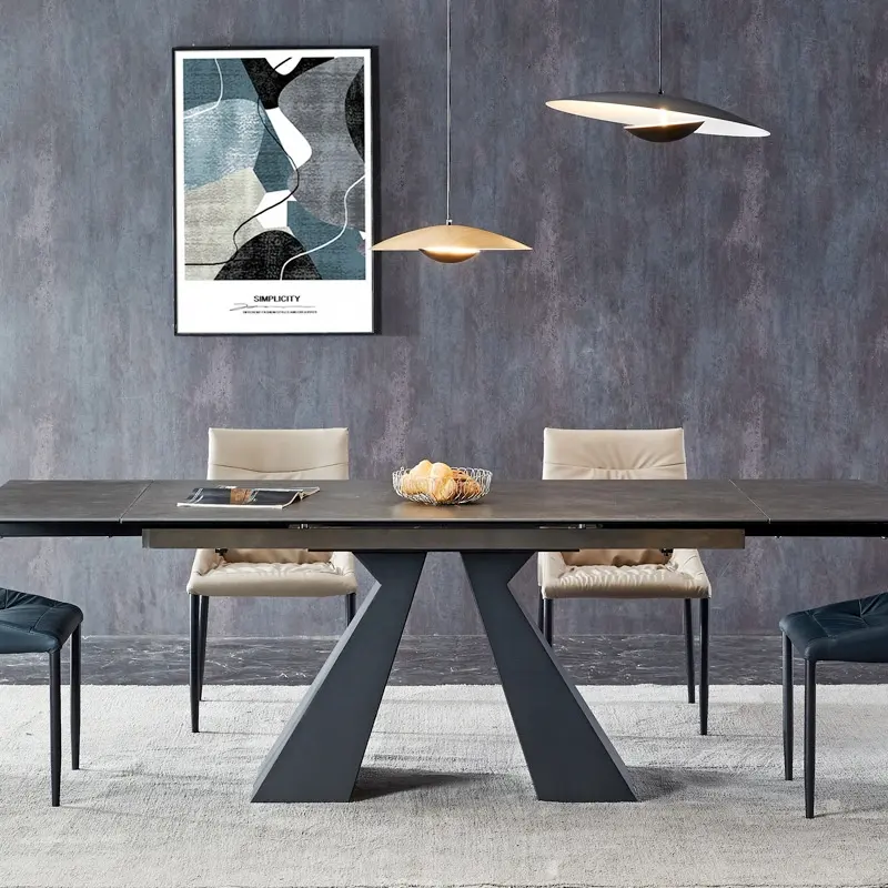 イタリアのミニマリズムブラックパウダーコーティングされた絵画2つのエクステンションスライドパネル大理石色のセラミックダイニングテーブルモダン