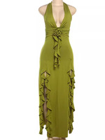 Robe maxi verte d'été RTS pour femmes, décontractée, sexy, dos nu, détail plissé, col en V, bretelles halter, empire, plage, vacances