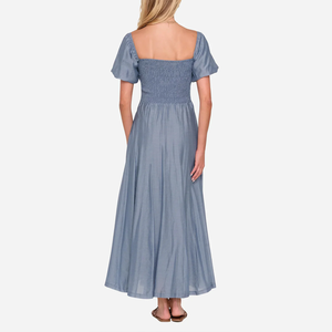 <span class=keywords><strong>Vestido</strong></span> Azul Polvoriento para Mujer, Cuello <span class=keywords><strong>Cuadrado</strong></span>, <span class=keywords><strong>Manga</strong></span> <span class=keywords><strong>Abullonada</strong></span>, Corte en A, Plisado, Casual, de Verano - Product Image 3