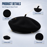 Béret scolaire en feutre de laine noir, style français, pour la remise des diplômes, vintage, avec logo personnalisé, vente en gros, OEM ODM
