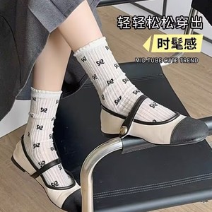 Chaussettes en maille pour femmes, avec motif à pois et nœud, en coton respirant, mi-mollet, pour jeunes, à porter en été - Product Image 3