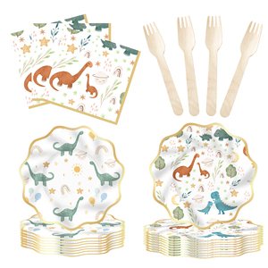 ชุดจานชามกระดาษลายไดโนเสาร์ธีมป่าสำหรับเด็กผู้ชาย ชุดอุปกรณ์บนโต๊ะอาหารวันเกิดแบบใช้แล้วทิ้ง ประกอบด้วยจาน ถ้วย กระดาษเช็ดปาก ยี่ห้อ DAMAI - Product Image 4