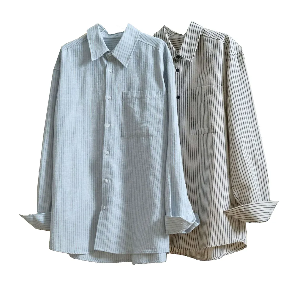 Fashion linen cotton oversized ladies long sleeve striped korean style blouse for women