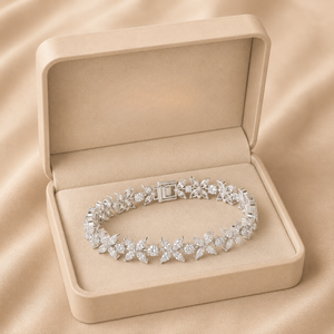 Pulsera de tenis de oro de 14K con diamantes florales y piedras de corte marquesa en racimo, cierre seguro, elegante, para mujer, caja de regalo étnica - Product Image 1
