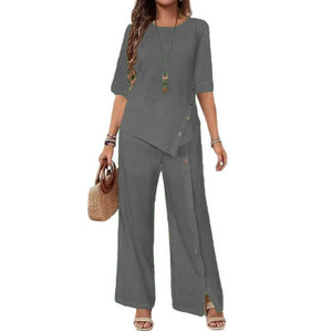 Conjunto de Dos Piezas para <span class=keywords><strong>Mujer</strong></span>, Nuevo Modelo 2026, Top con Botones y Dobladillo Irregular y Pantalones Anchos, Estilo Casual y Holgado - Product Image 5