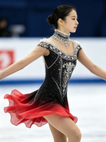 Robe de patinage artistique à col montant sans manches, dégradé noir et rouge, avec strass en maille pour enfants et adultes, pour compétitions et spectacles sur glace