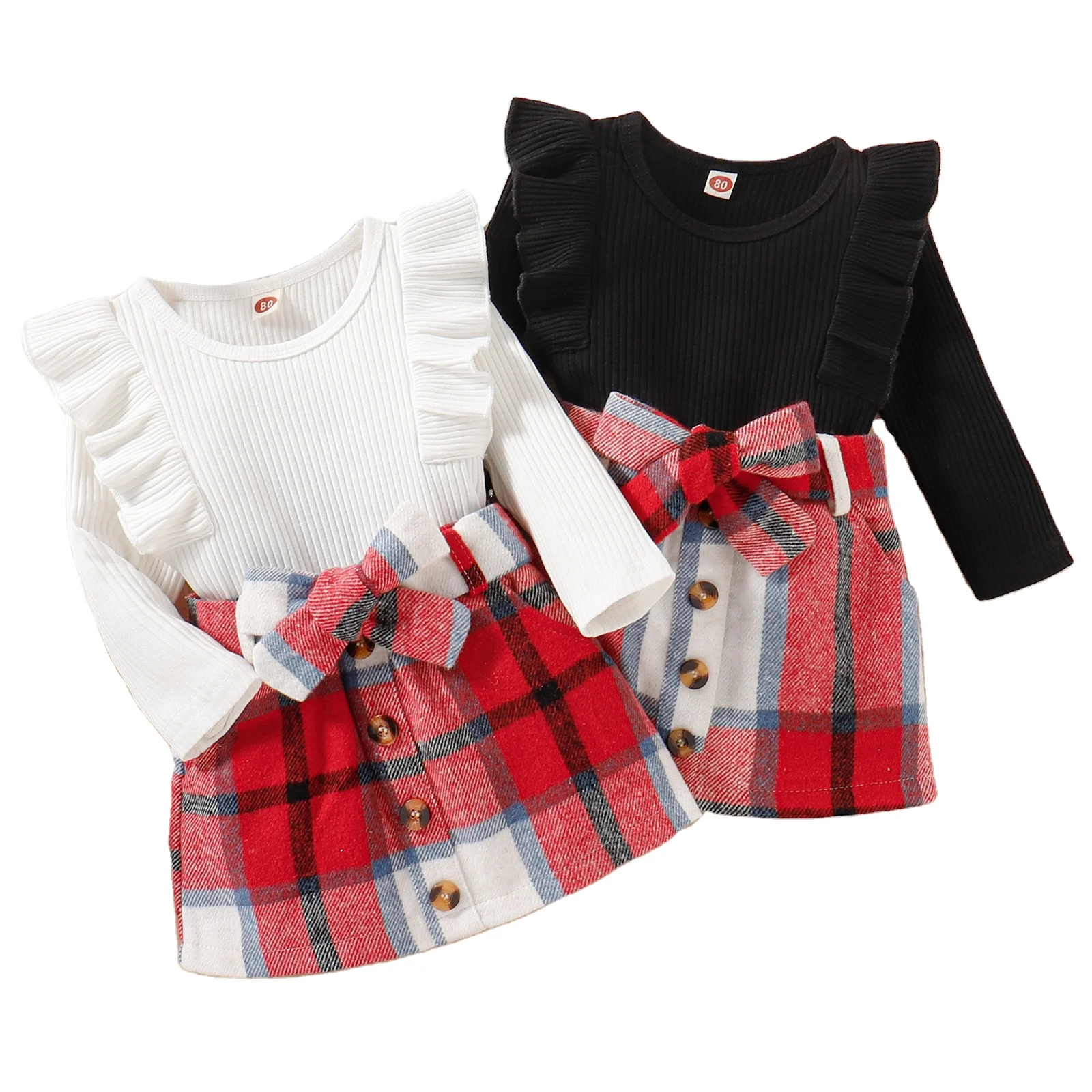 Children's clothing in the autumn and winter British wind pit strip flying sleeve wooden ear edge top plaid skirt girls' suit