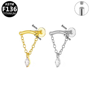 <b>Titanium</b> Plated Geometric Stud Earrings With <b>Chain</b> And Zircon G23 For Ear Piercing - Product Image 5