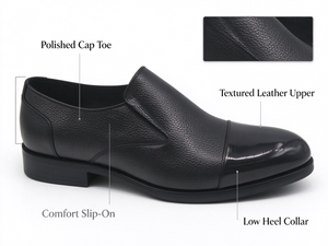 Mocassins pour hommes en cuir véritable à bout capuchonné, noirs, en cuir texturé, chaussures habillées à talon carré bas, pour affaires - Product Image 2