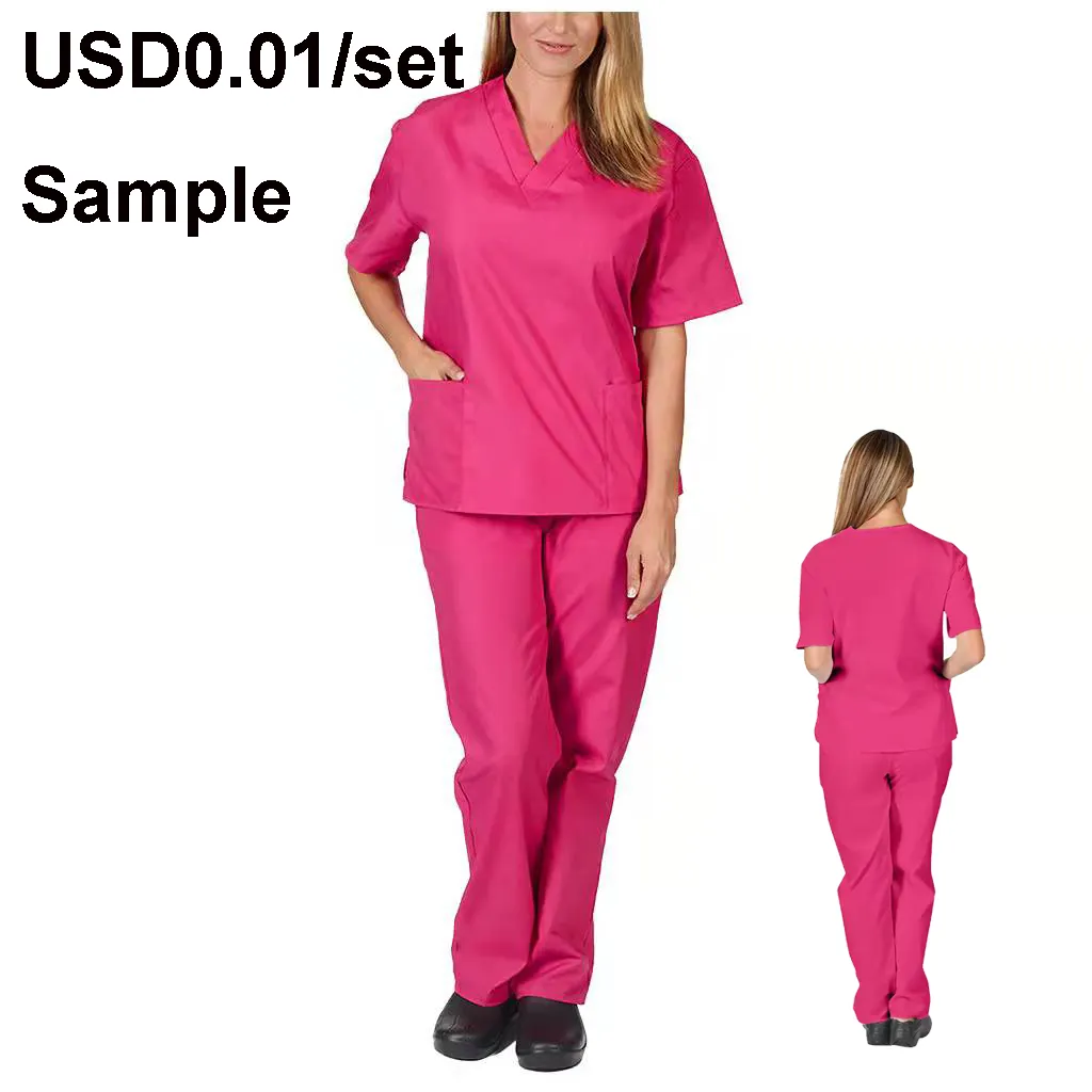 In stock Wholesale High Quality 4 Way Stretch Spandex Scrubs For Women And Men V Neck Hospital Uniform Medical Sets