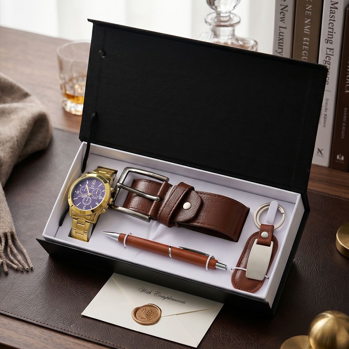 M3527 couleur café ensemble 5 pièces-montre-ceinture-stylo-porte-clés-coffret cadeau