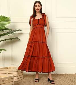 DEEBACO Robe longue évasée en rayonne tissée unie à volants, taille haute, col cœur, sans manches, pour femme, été automne - Product Image 1