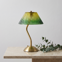 Lampe de table LED sans fil moderne avec abat-jour en verre dégradé ambre-vert, tige en laiton courbée, variateur de luminosité tactile continu, pour salle à manger et chevet, idéale pour mariage