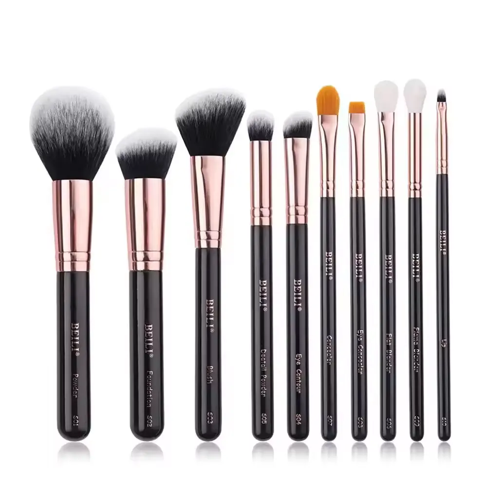 BEILI professional makeup brushes kit black wood handle luxury rose gold powder blush blending cosmetic tools brush set