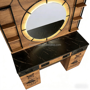 Station de coiffure avec miroir pour salon de barbier, coiffeuse avec rangement, dessus en marbre, tiroirs et éclairage pour salon de beauté - Product Image 6