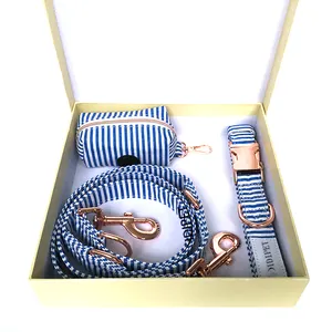 luxury stripe cotton matching pet dog collar and lead set poop bag holder rose gold buckle hook accessories with gift box
