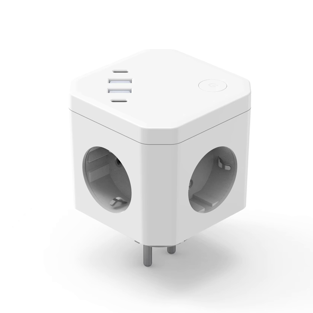 USB Type-C Plug Socket 8-in-1 Cube Power Strip 4-Way Socket Switch 2 USB-A 2 USB-C Ports Compact Fireproof Cube-Shaped Charger