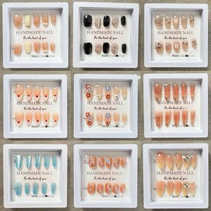 Faux ongles réutilisables à presser, boîte surprise de luxe, forme cercueil moyenne, style stiletto, faits main, avec cristaux et motifs de dessins animés, couvrance totale, pour femmes - Product Image 5
