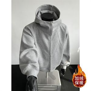 Cardigan à capuche à col haut pour hommes, veste de sport épaisse à manches évasées avec fermeture éclair sur le devant, design imprimé, Style américain, hiver - Product Image 2