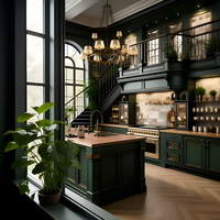Villa de luxe, cuisine classique américaine haut de gamme en bois massif vert foncé - Meubles de cuisine élégants et personnalisables