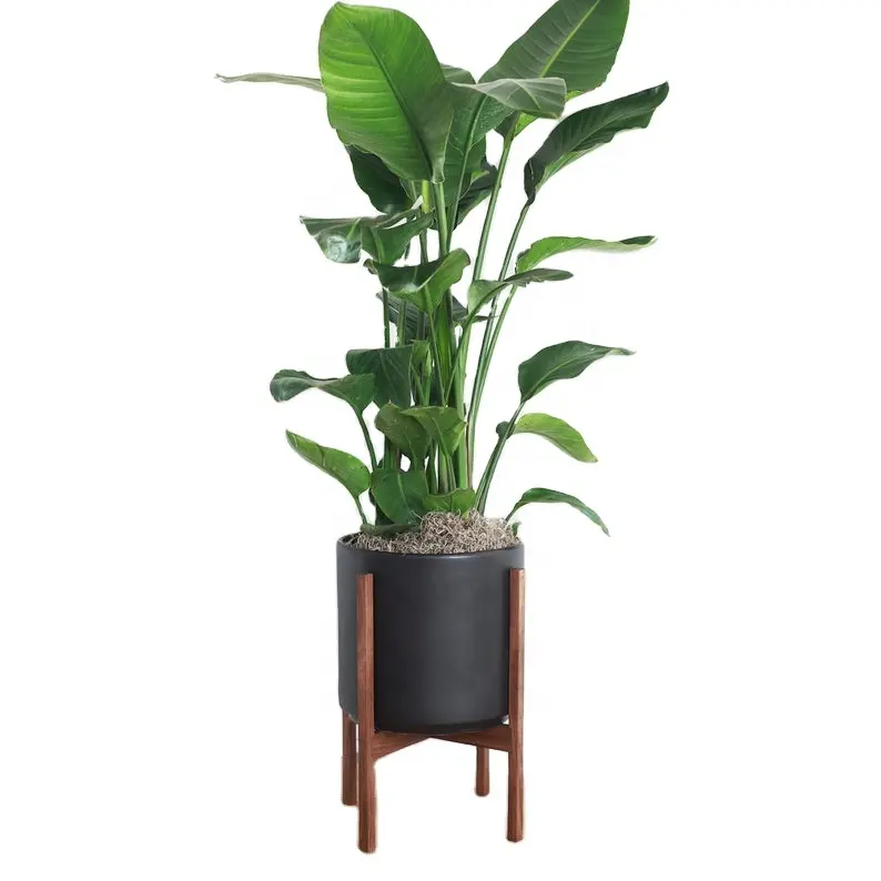custom indoor outdoor Mid Century plant holder with adjustable stand modern tall flower pot with wood stand