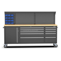 Chariot à outils robuste en acier inoxydable de 84 pouces avec 10 tiroirs et 1 armoire, plan de travail en bois, chariot à outils roulant pour garage