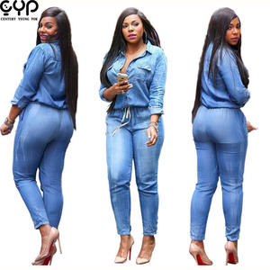 Neuankömmling Plus Size Hellblau Bandage Jeans Jumps uit für Frauen Langarm One Piece Slim Casual Denim Jumps uit Patchwork - Product Image 1