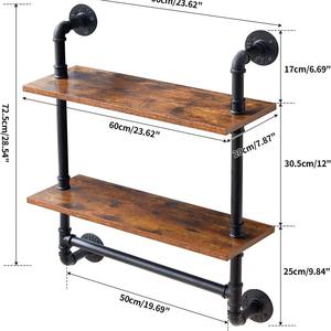 Estantes flotantes de tubería negra mate industrial de 2 niveles con toallero, estante de estilo vintage de granja de 24 pulgadas para Baño - Product Image 2