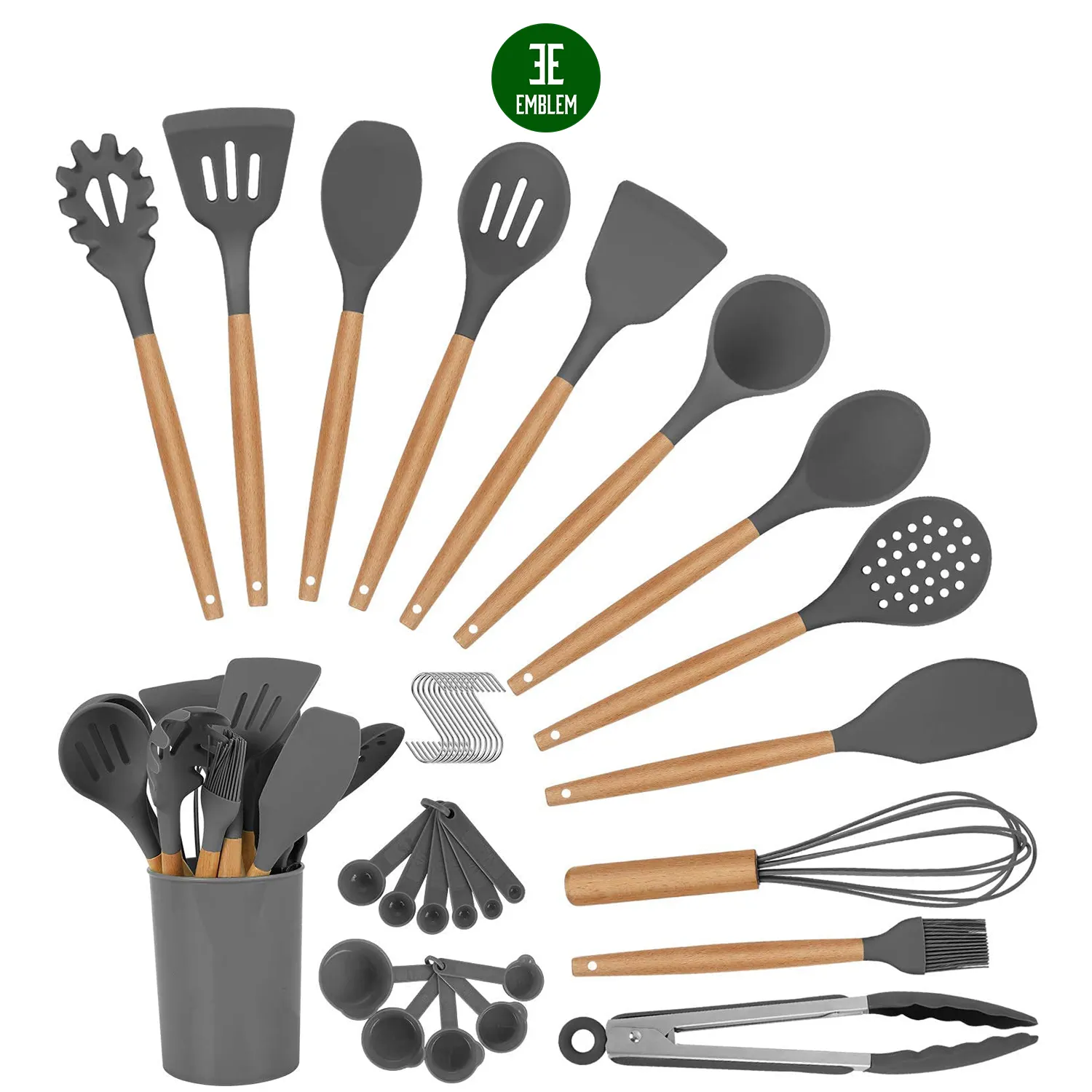 Bộ Dụng Cụ Nấu Ăn Bằng Silicon, Dụng Cụ Nhà Bếp 36 Cái Dụng Cụ Nấu Ăn Spatula Turner Chịu Nhiệt Có Tay Cầm Bằng Gỗ (Xám Đen)