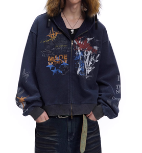 Felpa con cappuccio con cerniera a due vie retrò maglione con cappuccio da uomo e donna autunno oversize con cappuccio con stampa grafica personalizzata - Product Image 1