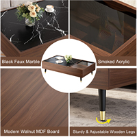 Table basse rectangulaire en bois noir avec plateau en faux marbre noyer, couvercle coulissant, tiroir de rangement et pieds réglables pour salon - Vente en gros
