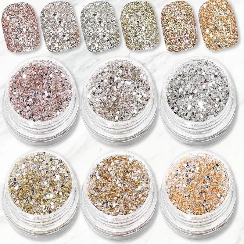 Deslumbrante Nail Glitter Lentejuelas 3D Nail Art Powder Flakes Confeti Paillette Bronceado Sparkling Diamond Nail Glitter Powder