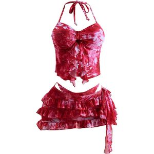 Conjunto de bikini de 3 piezas con estampado Tie Dye y falda con volantes para mujer de FOXA, en spandex elástico y poliéster. - Product Image 1