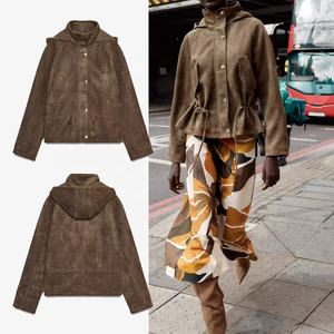 Mode automne nouveautés femmes col montant veste en <span class=keywords><strong>daim</strong></span> à capuche court <span class=keywords><strong>Trench</strong></span> Coat - Product Image 1