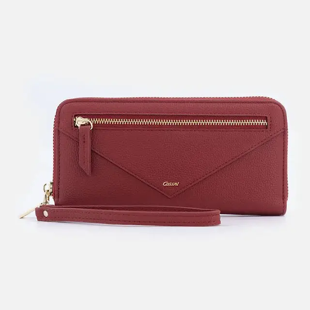 New Leather Zip Wallet Burgundy Long Wrist Strap Purse 3 Cash Zip Coin Pocket Women Wallet