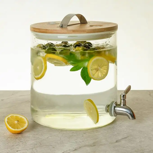 Distributeur de boissons en verre borosilicate 8/11L, <span class=keywords><strong>chaud</strong></span>/froid, pour jus de fruits et alcool, avec couvercle en bois et robinet, idéal pour les fêtes - Product Image 5